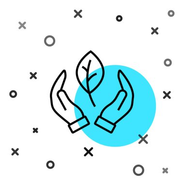 Siyah çizgili El, beyaz arkaplanda izole edilmiş bitki simgesinin bir yaprağını tutuyor. Doğayı koru. Yaprak, çevre korumasıyla çekiliyor. Rastgele dinamik şekiller. Vektör