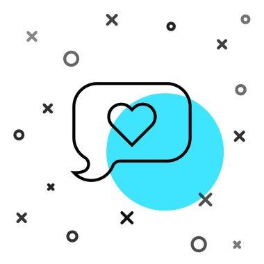 Konuşma baloncuğu simgesindeki siyah çizgi Kalbi beyaz arkaplanda izole edildi. Sevgililer günün kutlu olsun. Rastgele dinamik şekiller. Vektör