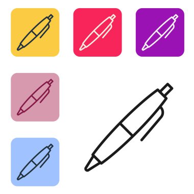 Beyaz arkaplanda siyah çizgi kalem simgesi izole edildi. Renkli kare düğmelerle simgeleri ayarla. Vektör