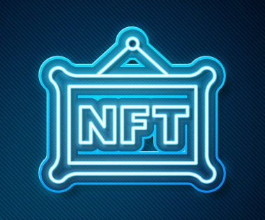 Parlayan neon hattı NFT dijital şifreleme resim simgesi mavi arkaplanda izole edildi. Para iadesi olmayan jeton. Vektör