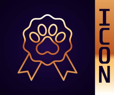 Gold line Pet award symbol icon isolated on black background. Badge with dog or cat paw print and ribbons. Medal for animal.  Vector