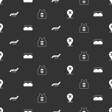 Uçak, otel odası yatağı, güneş yatağı, şemsiye ve can yeleği. Vektör