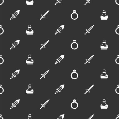 Sihirli taş yüzüğü mücevher, şişe iksiri, Ortaçağ kılıcı ve hançeri kusursuz desenli yap. Vektör