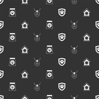 Hayvan sağlığı sigortası, köpek evi, evcil hayvan için bir torba yiyecek ve yaka etiketi ve pürüzsüz desenli bir yaka. Vektör