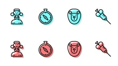 Vahşi aslan, Afrika kabilesi erkeği, pusula ve şırınga ikonu. Vektör