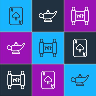 Çizgiyi belirle iskambil kağıtları, sihirli parşömen ve lamba veya Aladdin simgesi. Vektör