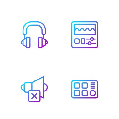 Bateri makinesi, hoparlör, kulaklık ve kulaklık ayarlayın. Renk simgeleri. Vektör