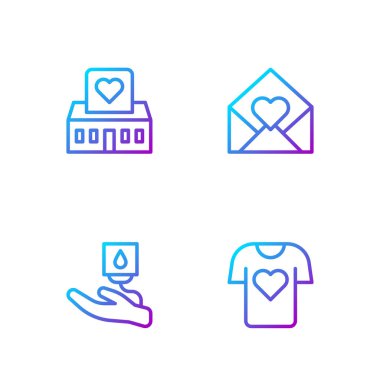 Kıyafet bağışı, Kan, Gönüllü Merkezi ve Sevgililer Günü Kalbinde Zarf. Renk simgeleri. Vektör