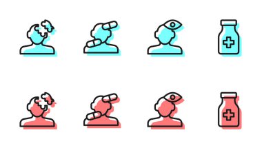 Psikoloji, sakinleştirici haplar ve ikondaki çizgi çözümü sorunu. Vektör