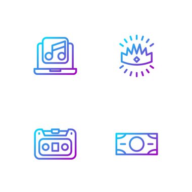 Hat Stacks kağıt para, Retro ses kaseti, müzikli dizüstü bilgisayar ve King Crown. Renk simgeleri. Vektör