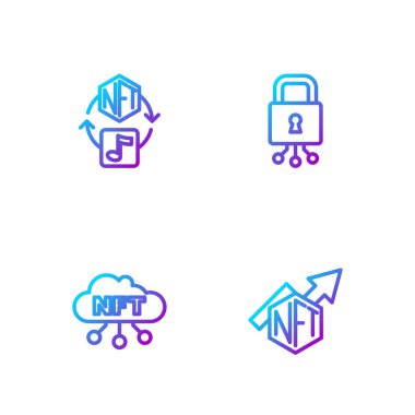 NFT büyüme çubuğu şeması, bulut, dijital şifreleme ve siber güvenlik ayarlayın. Renk simgeleri. Vektör