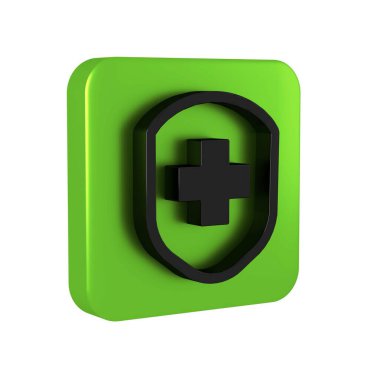 Şeffaf arka planda çapraz simgesi olan siyah tıbbi kalkan. Koruma, güvenlik, şifre güvenliği. Yeşil kare düğmesi.