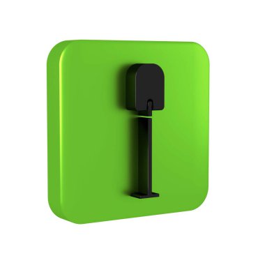 Şeffaf arkaplanda siyah kürek simgesi izole edildi. Bahçe aletleri. Bahçecilik, tarım, çiftçilik aleti. Yeşil kare düğmesi.