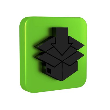 Şeffaf arkaplanda izole edilmiş trafik sembolü simgesi olan siyah karton kutu. Kutu, paket, paket. Teslimat, ulaşım ve nakliye. Yeşil kare düğmesi.