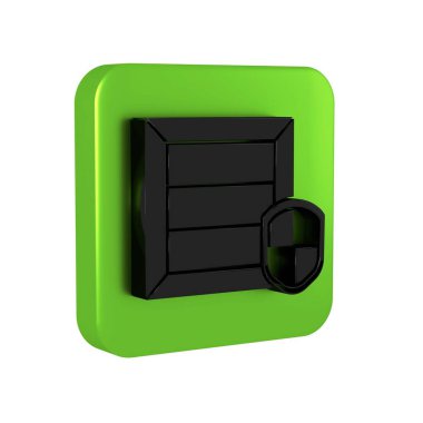 Siyah Sevkiyat Güvenliği 'nin kalkan simgesi şeffaf arkaplanda izole edildi. Teslimat sigortası. Kalkanın ötesinde sigorta kutuları var. Yeşil kare düğmesi.