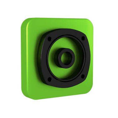 Siyah Stereo hoparlör simgesi şeffaf arkaplanda izole edildi. Ses sistemi hoparlörleri. Müzik ikonu. Müzikal sütun hoparlörü. Yeşil kare düğmesi.