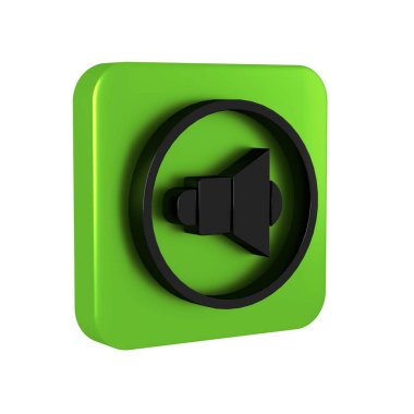 Black Speaker sesi, sesli ses sembolü, şeffaf arkaplanda izole edilmiş medya müzik ikonu. Yeşil kare düğmesi.
