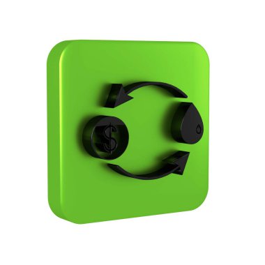 Siyah yağ değişimi, su transferi, şeffaf arkaplanda izole edilmiş simge dönüştürme. Yeşil kare düğmesi.