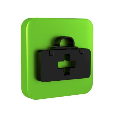 Siyah ilk yardım çantası simgesi şeffaf arkaplanda izole edildi. Haçlı sağlık kutusu. Acil durumlar için tıbbi ekipman. Sağlık sigortası konsepti. Yeşil kare düğmesi.