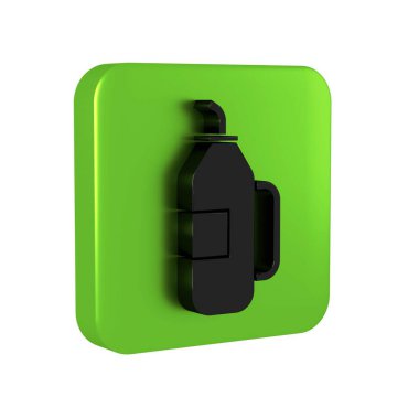 Şeffaf arkaplanda siyah fitness titreşim simgesi izole edildi. Su ve protein kokteylleri için kapaklı spor karıştırıcı şişesi. Yeşil kare düğmesi.