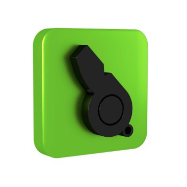 Siyah Düdük simgesi şeffaf arkaplanda izole edildi. Hakem sembolü. Spor ve spor burcu. Yeşil kare düğmesi.