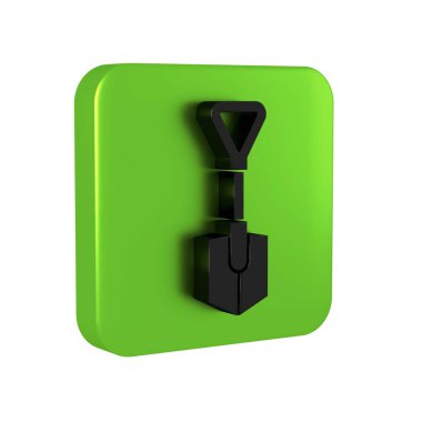 Şeffaf arkaplanda siyah kürek simgesi izole edildi. Bahçe aletleri. Bahçecilik, tarım, çiftçilik aleti. Yeşil kare düğmesi.