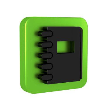 Siyah Not Defteri simgesi şeffaf arkaplanda izole edildi. Spiral not defteri simgesi. Okul defteri. Yazı tahtası. Okul günlüğü. Yeşil kare düğmesi.