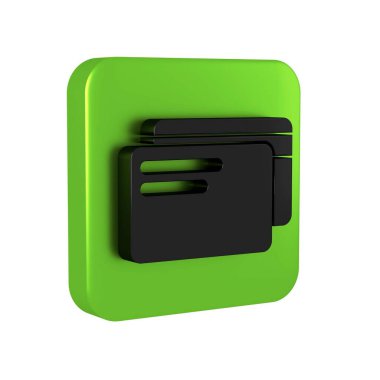 Siyah Kredi kartı simgesi şeffaf arkaplanda izole edildi. Çevrimiçi ödeme. Nakit çekilmesi. Finansal operasyonlar. Alışveriş tabelası. Yeşil kare düğmesi.