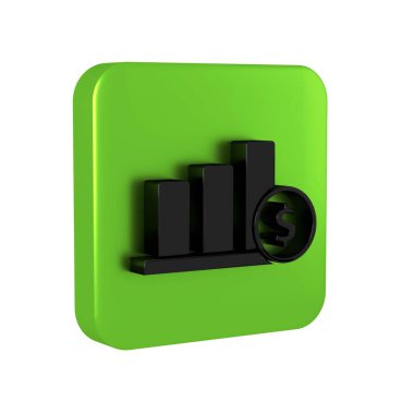 Şeffaf arkaplanda siyah pasta grafiği ve dolar sembolü izole edildi. Diyagram çizelgesi. Yeşil kare düğmesi.