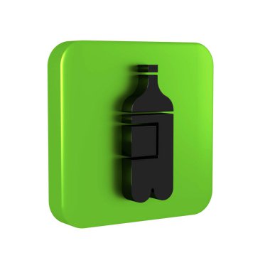 Şeffaf arkaplanda izole edilmiş siyah bir su ikonu şişesi. Soda su içme tabelası. Yeşil kare düğmesi.