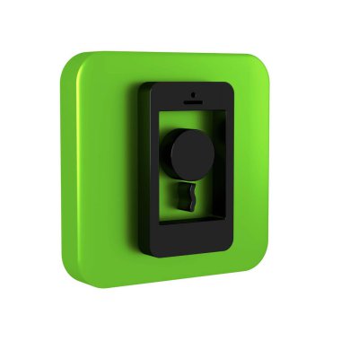 Şeffaf arkaplanda doğum günü mesajı simgesi olan siyah cep telefonu. Yeşil kare düğmesi.