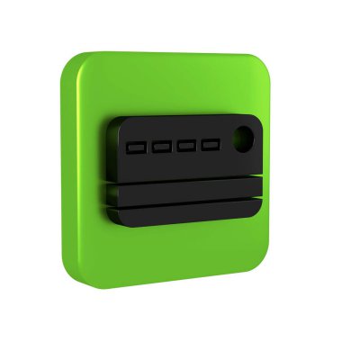 Siyah Kredi kartı simgesi şeffaf arkaplanda izole edildi. Çevrimiçi ödeme. Nakit çekilmesi. Finansal operasyonlar. Alışveriş tabelası. Yeşil kare düğmesi.