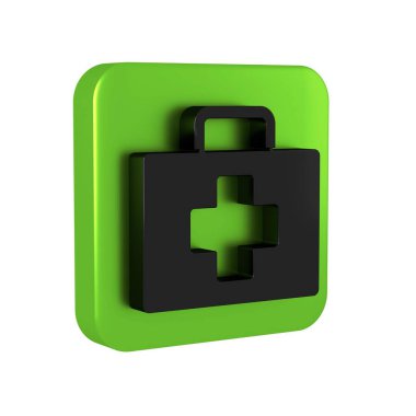 Siyah ilk yardım çantası simgesi şeffaf arkaplanda izole edildi. Haçlı sağlık kutusu. Acil durumlar için tıbbi ekipman. Sağlık sigortası konsepti. Yeşil kare düğmesi.