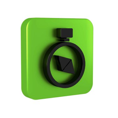 Siyah Pusula simgesi şeffaf arkaplanda izole edildi. Rüzgâr yön bulma sembolü. Rüzgar gül işareti. Yeşil kare düğmesi.