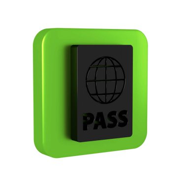 Şeffaf arkaplanda biyometrik veri simgesine sahip siyah pasaport. Kimlik Belgesi. Yeşil kare düğmesi.