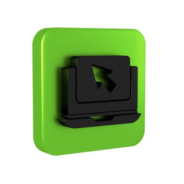 Siyah dizüstü bilgisayar ve imleç simgesi şeffaf arkaplanda izole edildi. Boş ekran işaretli bilgisayar defteri. Yeşil kare düğmesi.