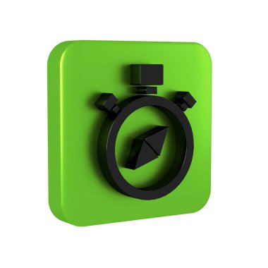 Siyah Pusula simgesi şeffaf arkaplanda izole edildi. Rüzgâr yön bulma sembolü. Rüzgar gül işareti. Yeşil kare düğmesi.