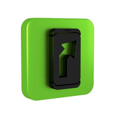 Şehir haritası yön bulma simgesinin siyah bilgileri şeffaf arkaplanda izole edildi. Mobil Uygulama Arayüzü tasarımı. Coğrafi konsept. Yeşil kare düğmesi.