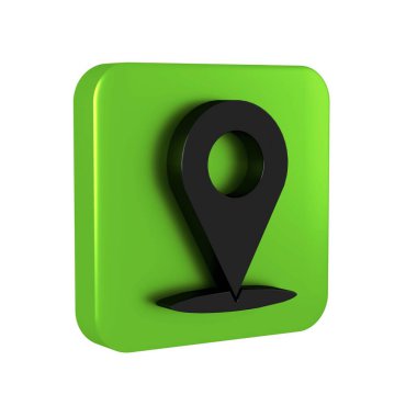 Siyah Harita iğne simgesi şeffaf arkaplanda izole edildi. Navigasyon, işaret, konum, harita, GPS, yön konsepti. Yeşil kare düğmesi..