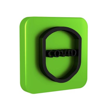 Siyah Kalkan virüsten, mikroplardan ve bakteri simgesinden korunuyor. Bağışıklık sistemi konsepti. Corona virüsü covid-19. Yeşil kare düğmesi.