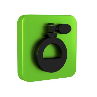 Şeffaf arkaplanda siyah parfüm simgesi izole edildi. Yeşil kare düğmesi.