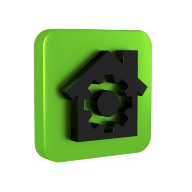 Kara Ev ya da ev, şeffaf arka planda izole edilmiş dişli simgesi. Ayarlama, servis, ayar, bakım, onarım, onarım. Yeşil kare düğmesi.