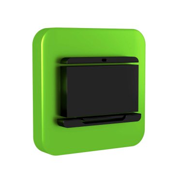 Şeffaf arkaplanda siyah dizüstü bilgisayar simgesi izole edildi. Boş ekran işaretli bilgisayar defteri. Yeşil kare düğmesi.