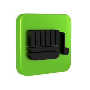 Siyah sauna kovası ve kepçe simgesi şeffaf arkaplanda izole edilmiş. Yeşil kare düğmesi.