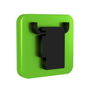 Şeffaf arkaplanda izole edilmiş bir askı simgesi üzerinde Siyah Havlu. Banyo havlusu ikonu. Yeşil kare düğmesi.