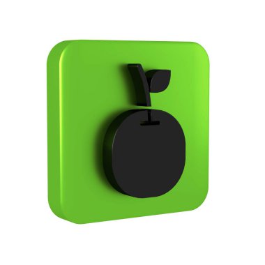 Şeffaf arkaplanda siyah elma simgesi izole edildi. Yaprak sembollü meyve. Yeşil kare düğmesi.