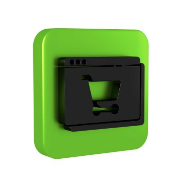 Siyah Online alışveriş ekranda şeffaf arkaplanda izole edilmiş bir simge. Konsept e-ticaret, e-ticaret, online iş pazarlama. Yeşil kare düğmesi.