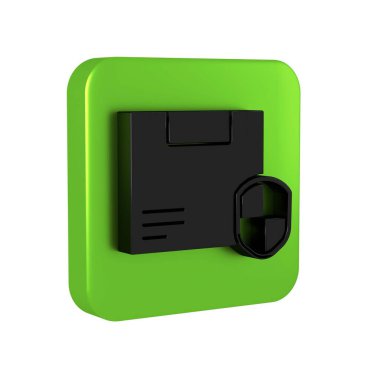 Kara Teslimat Güvenliği 'nin kalkan simgesi şeffaf arkaplanda izole edildi. Teslimat sigortası. Kalkanın ötesinde sigorta kutuları var. Yeşil kare düğmesi.