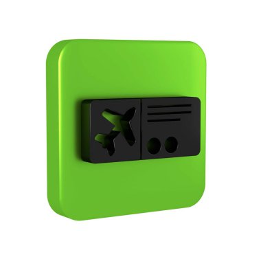 Siyah Havayolları bilet ikonu şeffaf arka planda izole edildi. Uçak bileti. Yeşil kare düğmesi.