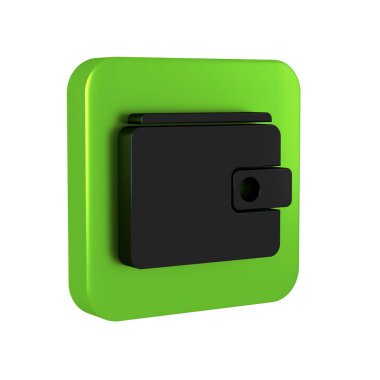 Siyah Cüzdan simgesi şeffaf arkaplanda izole edildi. Çanta ikonu. Nakit tasarruf sembolü. Yeşil kare düğmesi.